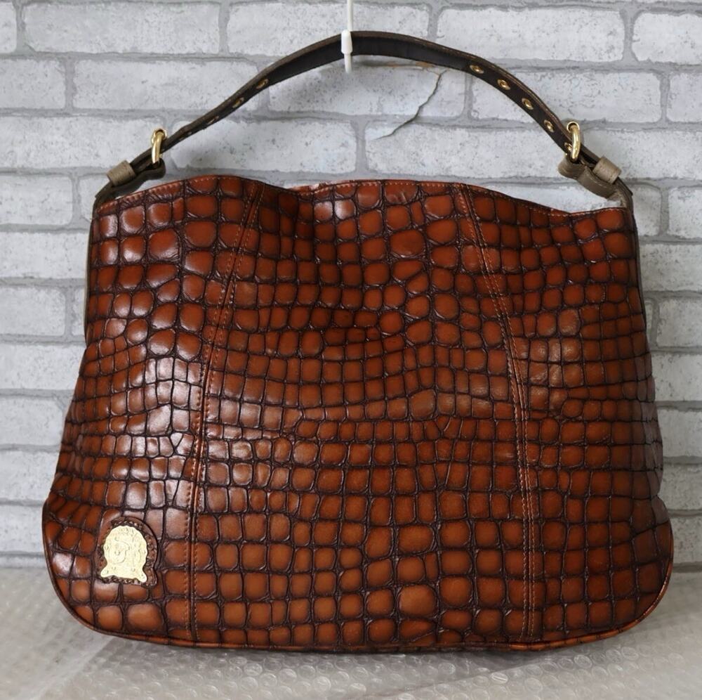 A.D.M.J. Crocodile Embossed Leather Hobo Shoulder Bag Brown Gold Crest